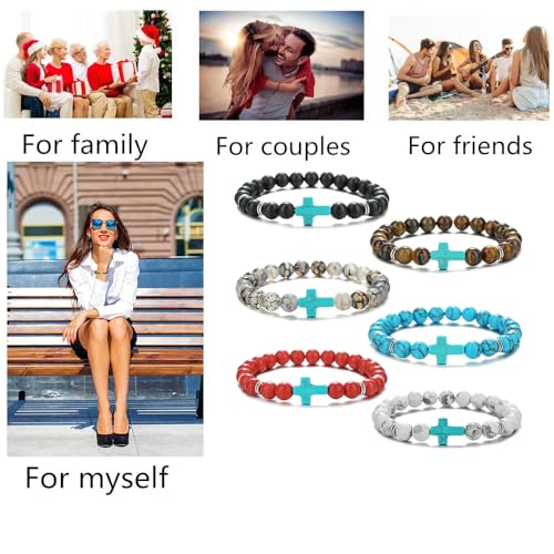 Beaded Bracelets Cross Bracelet for Women Men Lava Rock Turquoise Tiger Eye Natural Bracelet Anxiety Healing - color: 6 Pcs- green cross