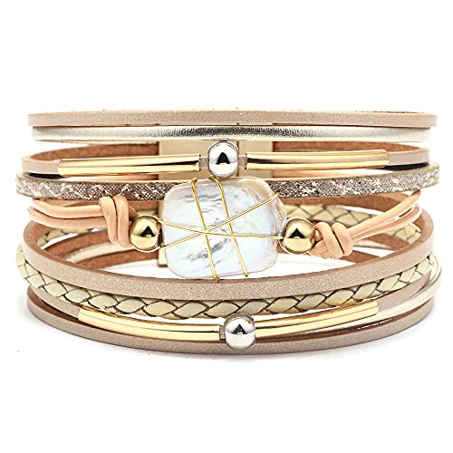 Fesciory Leather Wrap Bracelet for Women, Boho Western Layered Cuff Jewelry | Stackable Bracelets, Easy-On Clasp, Daily Wear, Pairs with Boho Western Outfits, Gift for Women - color: Gold6
