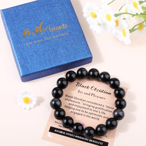 AD Beads Handmade Gemstone Stretch Elastic Bracelet Crystal Healing Reiki Nature's Beauty and Spiritual Essence Unisex (12mm, Black Obsidian (Pleasure)) - color: Black Obsidian (Pleasure), size: 12mm