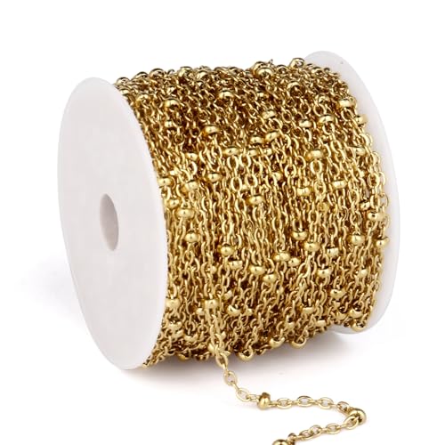 33FT 2mm 18K Gold PVD Plated Satellite Chain Roll Bulk for Jewelry Making | Gold Plated 304 Stainless Steel Ball Beaded Cable Link Chains Spool for DIY Craft - color: Gold Small Beads Satellite Cable Chain