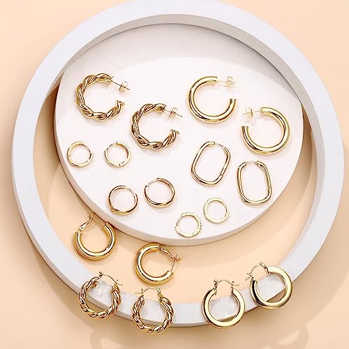 9 Pairs Gold Hoop Earrings for Women, 14K Real Gold Plated Chunky Hoop Earrings Set for Women Hypoallergenic Thick Lightweight Earring for Womens Jewelry Gifts - color: Rose Gold-Plated
