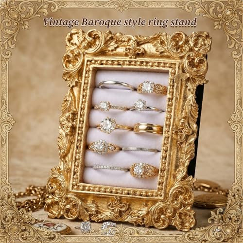 Picture Frame Ring Holder, Rectangle Vintage Ring Holder Gold Velvet Display Stand Frame Earring Tray Anniversary Engagement Baroque Organizer for Women Birthday Christmas Gift Photograph Prop