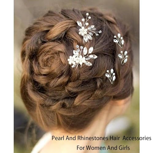 5 Pieces Pearl Bride Hair Pins Rhinestone Bridal Hair Piece for Women Crystal Pearl Hair Accessories for Bride Bridesmaids Flower Girls(Silver)
