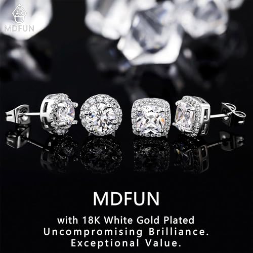 MDFUN Halo Stud Earrings 18K Gold Plated Round/Square/Heart/Teardrop Cubic Zirconia Earrings Set for Women - color: A-Round/Square