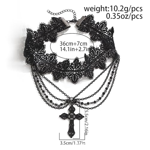 Black Lace Choker Gothic Cross Necklace Zinc Alloy Black Cross Pendant Layered Beads Necklace Halloween Punk Goth Jewelry Gift for Women