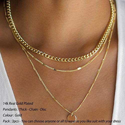Turandoss Gold Layered Necklaces for Women - 14K Gold Plated Handmade Multilayer Bar Pearls Coin Disc Moon Butterfly Medallion Adjustable Dainty Layered Choker Necklaces for Women Jewelry - style: 3 Layered Necklace - Thick&Chain&Disc