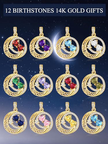 14K Gold Moon and Star Double Birthstone Necklace Gifts for Women | 2 Heart Birthstone Necklace,Mothers Day Wedding Anniversary Birthday Gifts for Wife Mom Daughter Grandma Sister - color: 03-11-Mar-Nov Birthstone