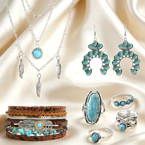 Western Jewelry Sets for Women Boho Jewelry, Layer Bohemian Necklace Earrings Bracelet, Cowgirl Accessory Rodeo Summer Beach - color: Blue