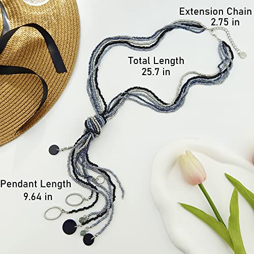 Coiris Long Seed Beaded Multi Strand Necklace,10 Multiple Statement Long Bib Necklace with Tie Knot for Women and Girls Jewelry - color: Black Grey