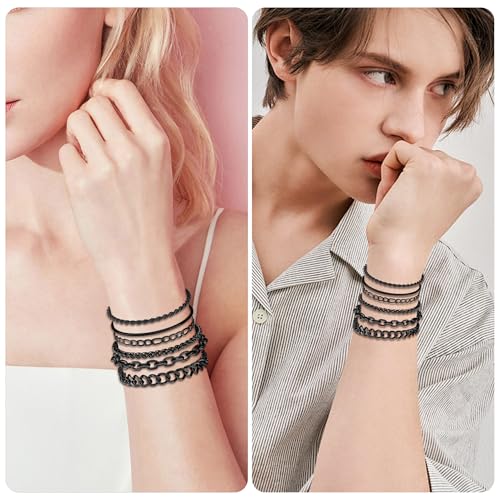 6PCS Stainless Steel Bracelets for Men Women, Silver Gold Black Cuban Link Rope Snake Wheat Chain Paperclip Figaro Jewelry Set, 7/8/9 Inches - color: Black, size: 7 inches