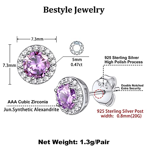Bestyle Sparkling 925 Sterling Silver Birthstone Stud Earrings for Women, Heart/Round/Teardrop/Square Solitaire Diamond Studs Earrings, Great Birthday/Christmas Gifts - style: 06. Purple Alexandrite-June-round