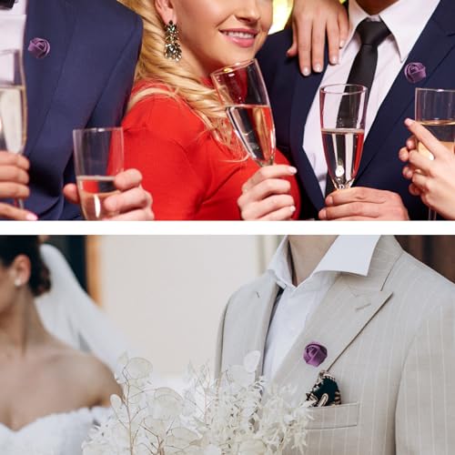 10Pcs Rose Boutonniere Lapel Pin for Men Purple Flower Lapel Pin for Men Suits Handmade Rose Corsage Satin Flower Outfit Accessories Groom Groomsman Wedding Brooch for Husband Brother