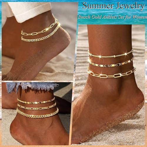 Gokeey Ankle Bracelets for Women Waterproof, 14k Gold Plated Jewelry Set Layered Cuban Figaro Link Chain Anklets Set Gold Anklets Summer Boho Beach Jewelry Gift Adjustable Size - color: Gold