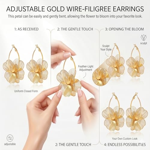 Dangle Flower Gold Earrings for Women, Trendy Statement Hoop Earrings, Gold Floral Drop Earrings Jewelry for Gifts - color: golden flower