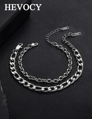 Silver Bracelet Set for Men, Figaro and Cable Link Chain | Stainless steel Figaro and cable link bracelets for stacking, daily wear, and gifts - color: Style1-8 inch