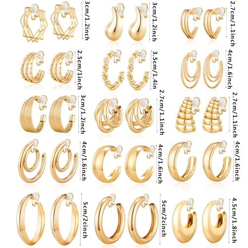15 Pairs Gold Clip on Earrings for Women Fashion,Lightweight Fake Earrings Set - style: Style D