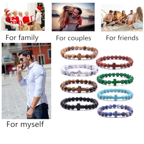 Beaded Bracelets Cross Bracelet for Women Men Lava Rock Turquoise Tiger Eye Natural Bracelet Anxiety Healing - color: 8Pcs-coloured cross