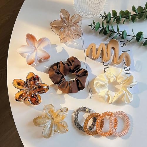 11 Pcs Hawaiian Plumeria Flower Hair Accessories Set, Resin Hair Claw Clips, Large Scrunchies, Coil Hair Ties for Thick & Thin Hair, Tropical Floral Hair Styling