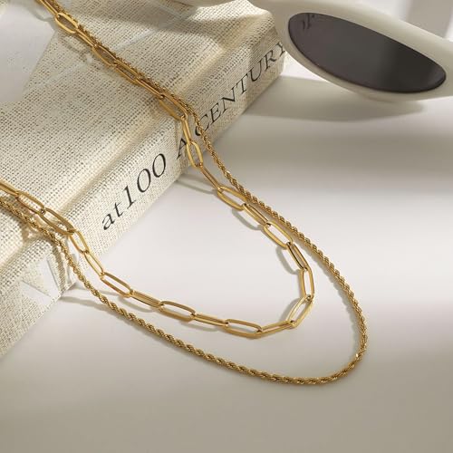 Layered Gold Necklaces for Women14K Gold Planted Non Tarnish | Cuban, Herringbone,Figaro,Paperclip Chain Layering Stack Choker Necklace , Trendy Jewelry Gift for Women - color: E