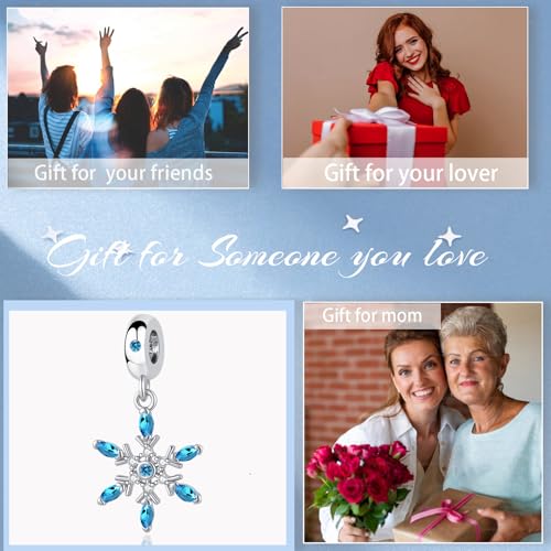 Snowflake Dangle Charm Birthstone Bead Compatible with Pandora Bracelet Women Christmas Gift - color: Light Bule