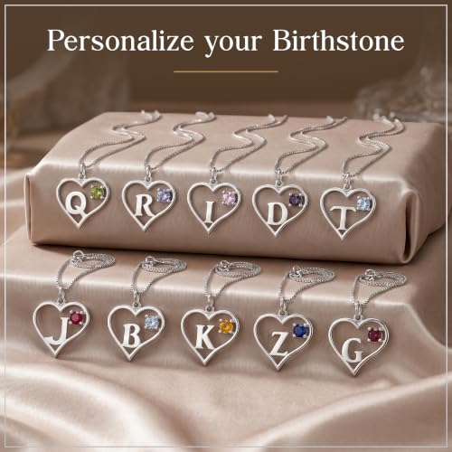 Sterling Silver Heart and Letter Personalized Birthstone Pendant with Box Chain Necklace - Heart & Letter - A - Peridot - August