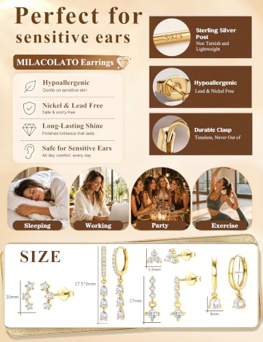 MILACOLATO 5 Pairs 925 Sterling Silver Earrings for Women Trendy Ear Stacks | 14K Gold Plated Stud Huggie Hoop Earrings Set Hypoallergenic CZ Pearl Dangle Earring Prom Bridal Bridesmaids Wedding Jewelry - color: Gold - 2 Pairs of CZ Hoops + 3 Pairs of CZ