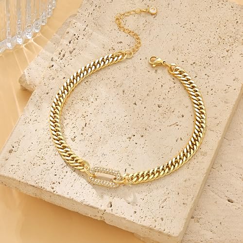 Moodear Gold Ankle Bracelets for Women Waterproof,14K Gold Plated Anklets | Waterproof, Non Tarnish Cuban Link Anklets, Trendy Jewelry Accessories for Summer Vacation, Beach Gifts for Women - style: Cuban CZ Paperclip