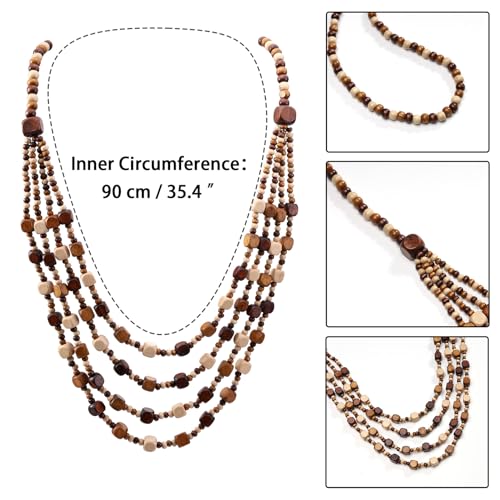 Wood Beads Necklace & Earrings for Women Chunky Multi-Layering Choker Necklace Ear Pendant - color: C