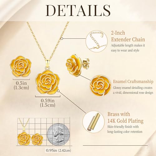 Enamel Rose Necklace and Earrings Jewelry Set for Women | 14K Gold Plated,Rose Represent: Love Gratitude Prid,Adjustable Chain Fit,Elegant Sets for Daily and Party Wear,Gift Box - color: Yellow