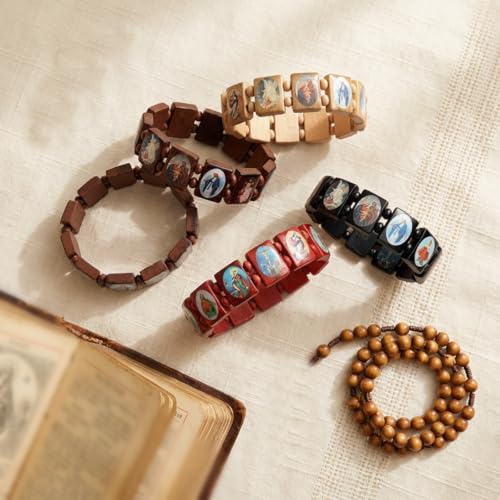 DATOA 4Pcs Wooden Jesus Virgin Mary Bracelet Saints Rosary Stretch Wooden Small Panel Bracelet Religious Saints Jesus Gift - style: Style A
