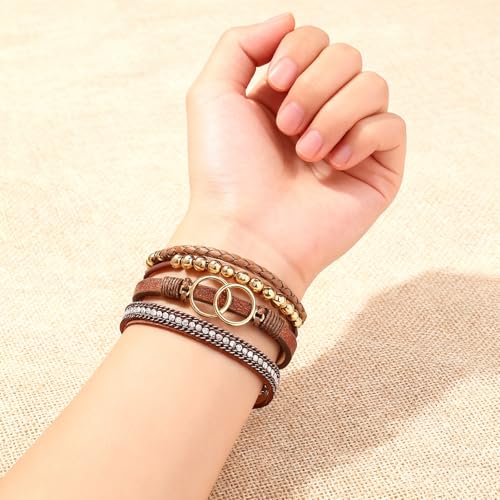 Leather Wrap Bracelets for Women, Boho Leopard Multi-Layer Crystal Beads Cuff Jewelry - color: J-Warp-011