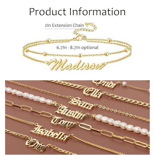 Custom Ankle for Women for Women 18K Gold Plated Adjustable Name Anklet Customized Beach Anklet Gifts - color: Name Anklet with Bead Chain