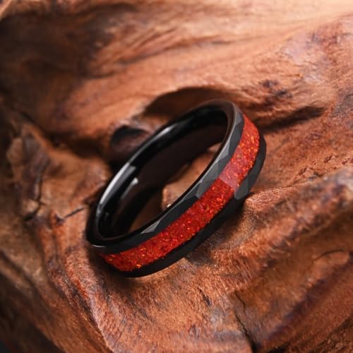 Tungsten Rings for Men Women 8mm/6mm Hammered Wedding Bands | Black and Red Men's Engagement Rings Inlaid with Red Opal High Polish, suitable for couples' anniversaries and everyday wear - color: 6mm black and red