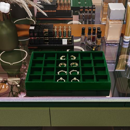 24-Grid Velvet Jewelry Tray for Ring & Earring Storage Green | 24 Compartments, Large Capacity, For Home & Commercial Use, Stackable - size: 24 Grid