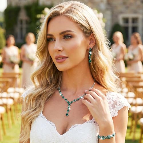 Silver Wedding Jewelry Sets Rhinestone Necklace Earrings Bracelet Set Prom Formal Costume Jewelry for Women and Brides - color: Green