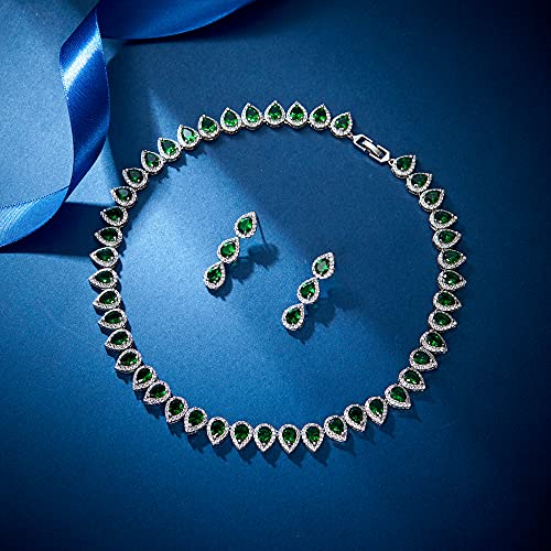 EleQueen Women's Silver-Tone Full Prong Cubic Zirconia Teardrop Bridal Necklace Earrings Set - color: 04-Emerald Color