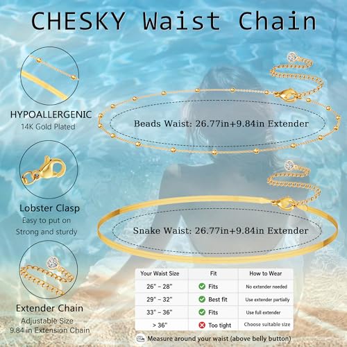 CHESKY 14K Gold Plated Waist Chain for Women, Layered Waist Beads | Silver Plated Gold Body Chains, Beach Summer, Waterproof Snake Belly Belt Chain, Festival Jewelry Accessories for Women - style: snake bead-gd