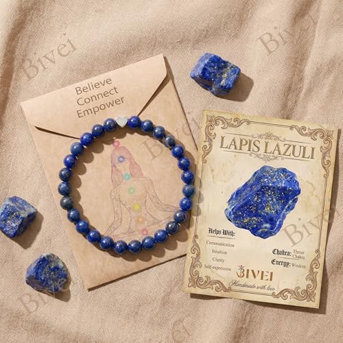 Bivei Crystal Stretch 6mm Bracelets for Women | Handmade Natural Stone Beaded Stretch Bracelet, Stainless Steel Heart Bead, Tranquility Yoga Gift Jewelry for Women - color: Lapis Lazuli - Wisdom