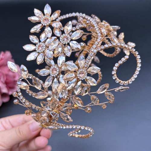 Rhinestone Bride Headband, Wedding Headpiece for Brides, Bridal Hair Accessories(Champagne) - color: Champagne