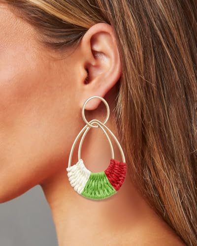 Raffia Hoop Earrings for Women Fun Boho Summer Beach Earrings Lightweight Handmade Straw Wicker Rattan Dangle Earrings Statement Geometric Round Drop Earrings - color: Christmas - Teardrop