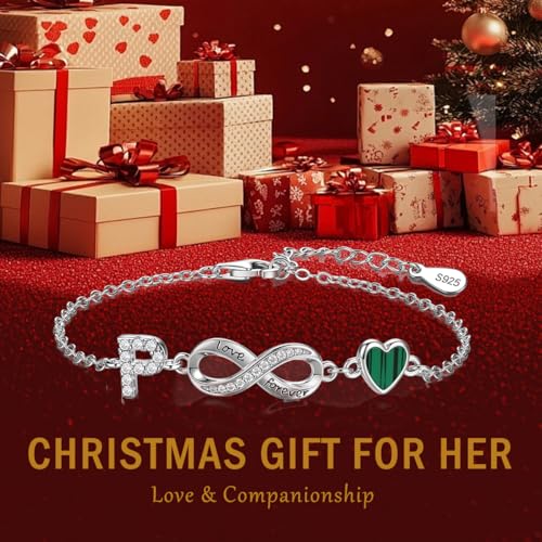 925 Sterling Silver Adjustable Letter Bracelets Infinity Heart Emerald Charm Link Bracelet ,Personalized Charm Alphabet Jewelry Valentines Christmas Mother’s Day Birthday Gifts - color: P