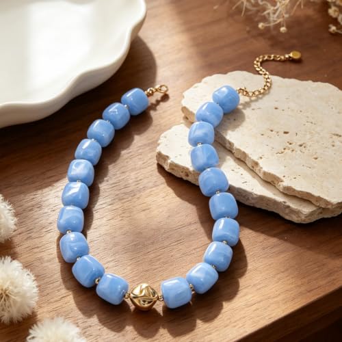 Chunky Beaded Necklace for Women,Square Resin beads boho Choker Necklace with gold-tone spacers,Fashion Trendy Summer Beach Party Necklaces Handmade Surfer Beach Necklaces Jewelry Gifts - color: Blue