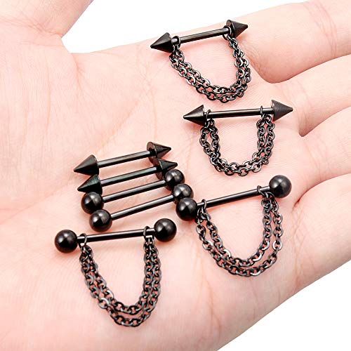 316L Surgical Steel Chain Dangle Nipple Shield Rings 14G Nipplering Barbell Piercing Jewelry for Women Men - color: Black/4Pr