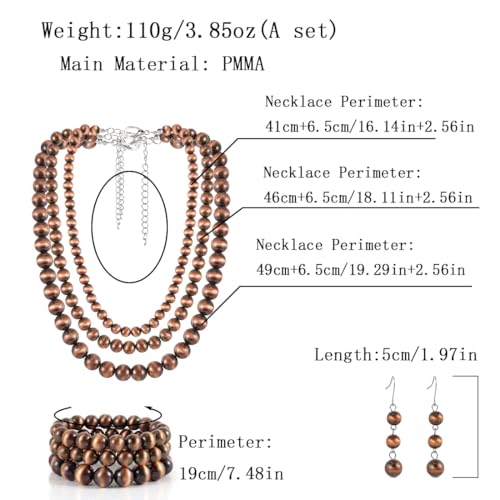 KOSMOS-LI Western Style Multi Layer Necklaces Bracelet Earrings Faux Pearl Cowgirl Beaded Women Jewelry Sets - color: bronze21080