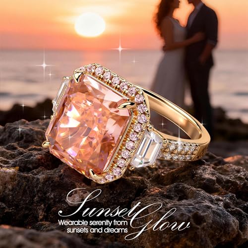 Moissa 8ct Sunset Glow Radiant Cut Halo Cocktail Ring for Women | 14K Gold Plated Tarnish-Resistant Silver Ring, 12x10mm Lab Zircon, Bold Statement Ring for Party, Engagement & Anniversary - color: Padparadscha