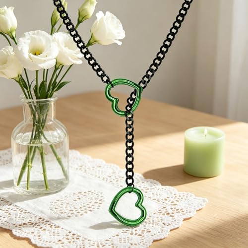 Choker Necklace for Women Gothic Goth Stainless Steel Slip Chain Chunky Long Drop Mens Punk Necklace Jewelry Gift - style: Green Heart