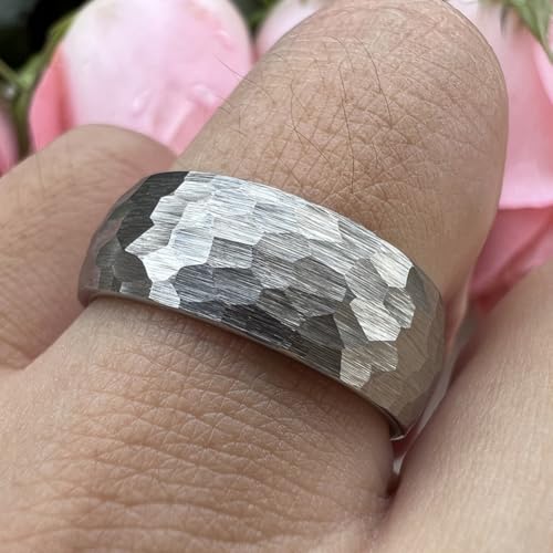 TUTISS 6mm 8mm Silver/Black/Gold/Rose Gold Hammered Tungsten Rings for Men Women Couple Fashion Jewelry Engagement Wedding Bands Domed Matte Finish Comfort Fit - color: 8mm Silver Tungsten