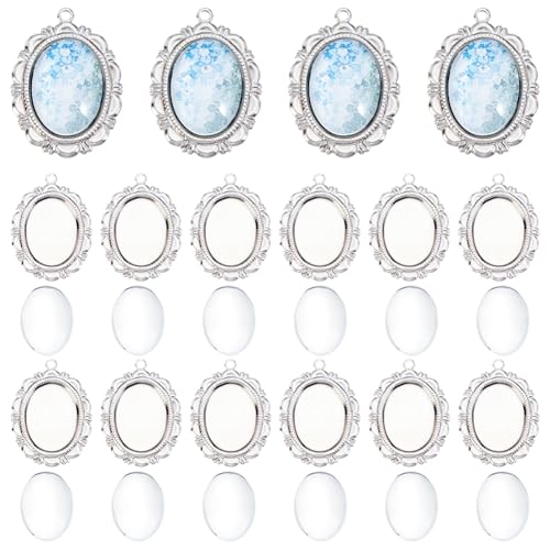 Beebeecraft 30 Sets Pendant Cabochon Settings, 304 Stainless Steel Silver Oval Bezel Pendant Blanks Settings with 18mm Oval Glass Cabochons Dome Tiles Trays Photo Charms for Wedding Bouquet