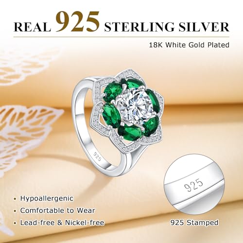 Flower Cocktail Ring for Women Stone Engagement Anniversary Rings | Sterling Silve|Hypoallergenic|Ruby|Sapphire|Emerald|Wedding and Birthday Party Women Statement Ring|Mother and Grandma Gift - color: Emerald (May)