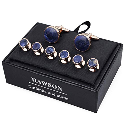 HAWSON Cufflinks and Tuxedo Studs Set for Men with Gift Box, Mother-of-Pearl Cuff links for French Cuff Shirt and Dress Shirt, Suitable for Wedding, Birthday, Party - style: Rose Gold & Sodalite Stone